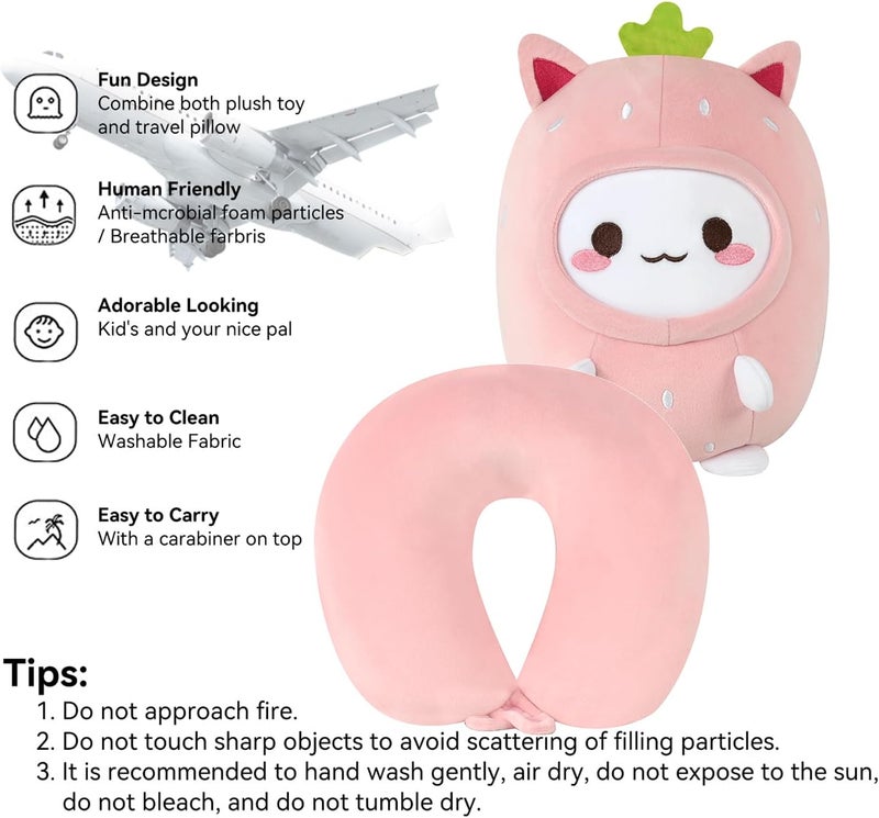 stocaggio Kids Travel Pillow - 2-in-1 Deformable Kids Neck Pillow for Traveling, Soft U-Shaped Pillow with Adorable Animal Design, Comfy Sleep and Play, Ideal for Airplanes and Traveling (Pink Strawberry) - Image 4